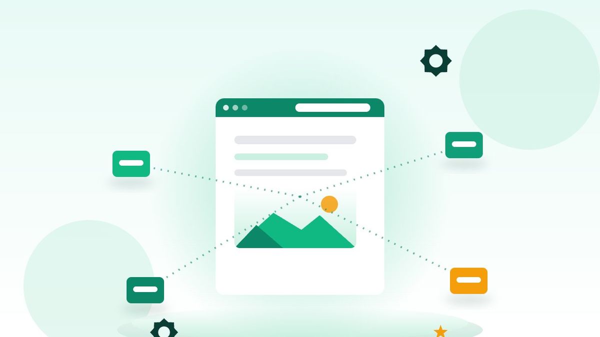 Các khối dữ liệu nhỏ kết nối với biểu tượng trang web minh họa dữ liệu có cấu trúc schema markup