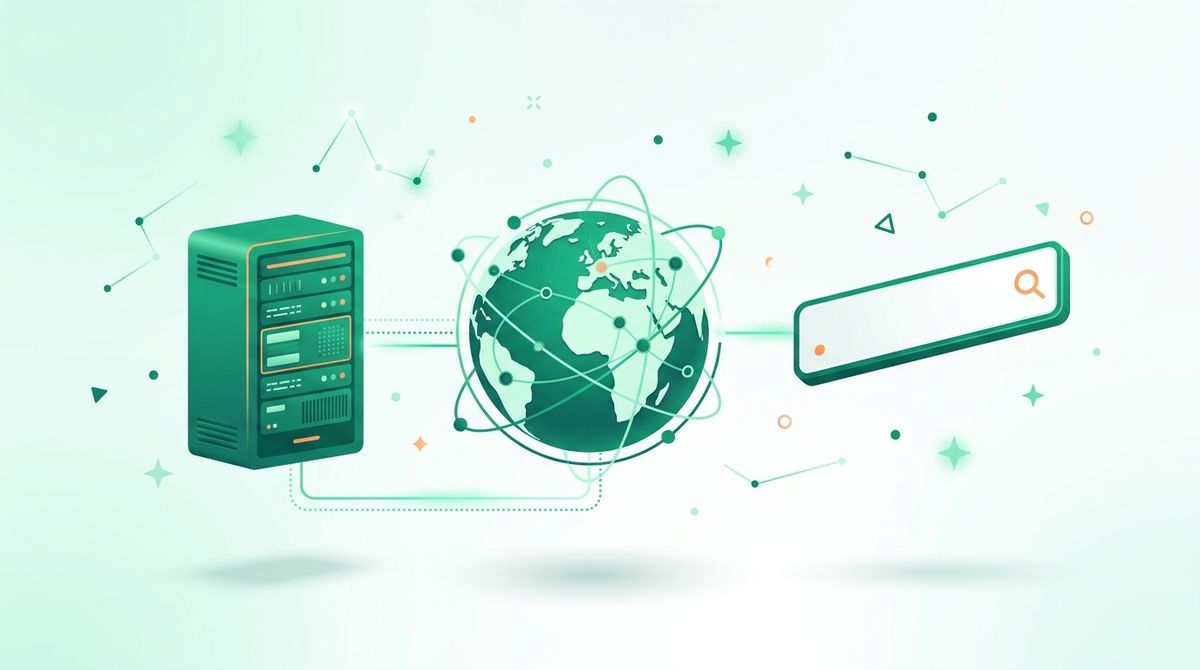 Tên miền và hosting website hiển thị dưới dạng biểu tượng máy chủ và địa chỉ web
