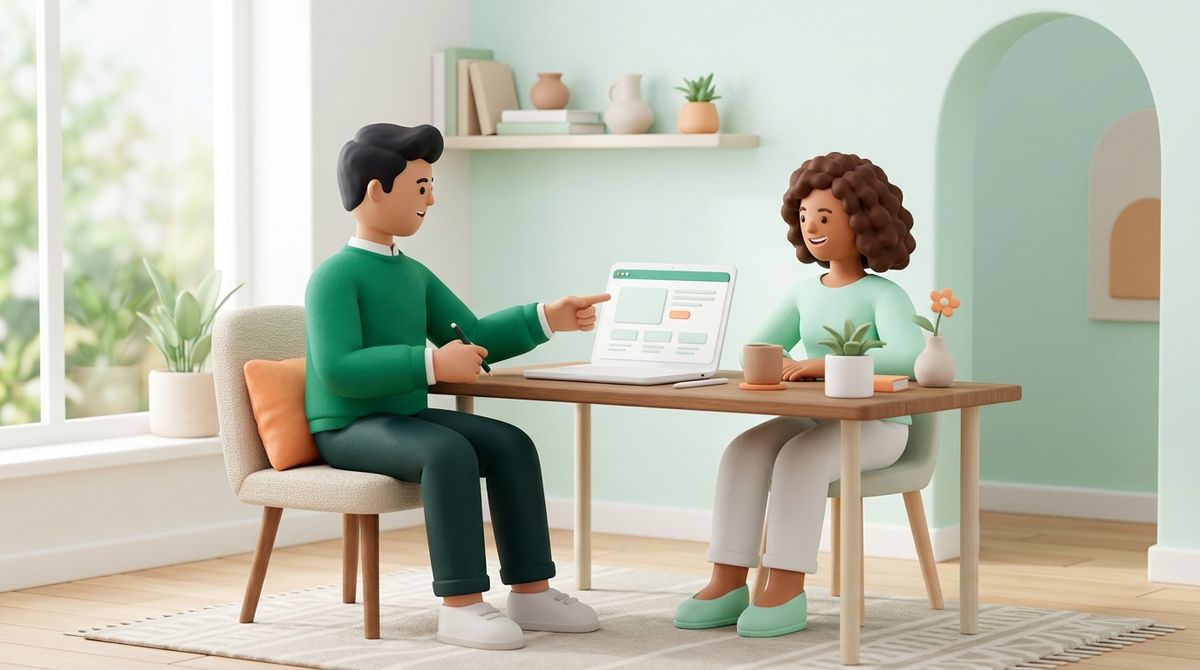 Freelancer làm việc trực tiếp với khách hàng trên laptop tại quán cà phê